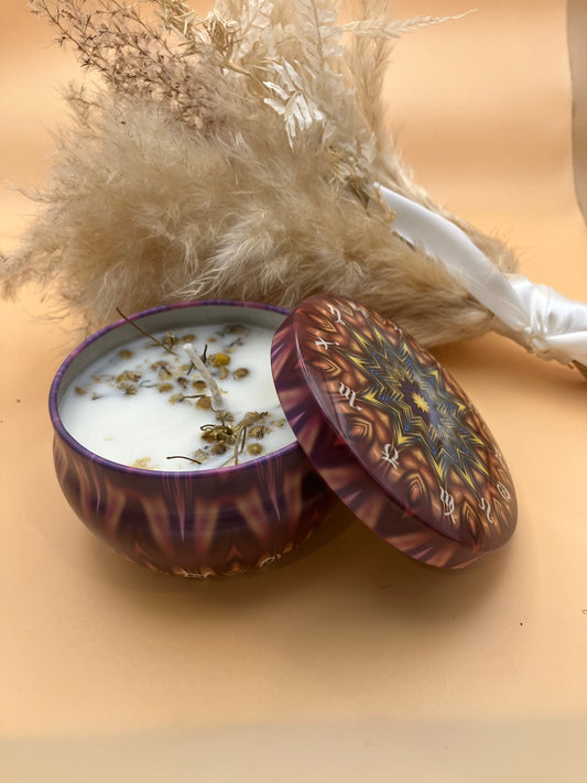 Zodiac pattern candle tin with Sandalwood and vanilla fragrance oil with chamomile flowers