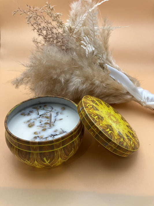 Zodiac pattern candle tin with chai spice pure essential oil blend with chamomile flowers