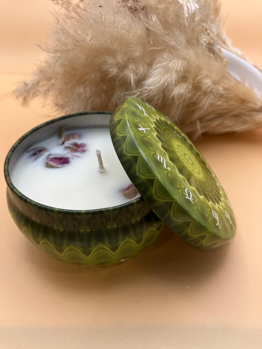 Zodiac pattern candle tin with Chai spice pure essential oil blend with rose bud flowers