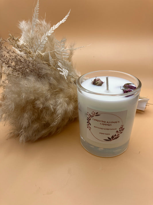 Serenity in a Jar: Rock Salt & Driftwood Fragrance Candle with pink rose buds in a 30 cl jar